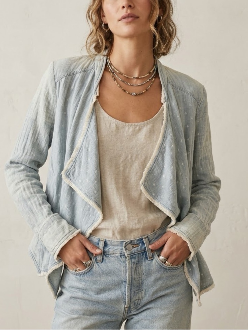 🩵 Hei Hei Anthropologie Light Blue 100% Cotton Raw Edge Draped Jacket XS